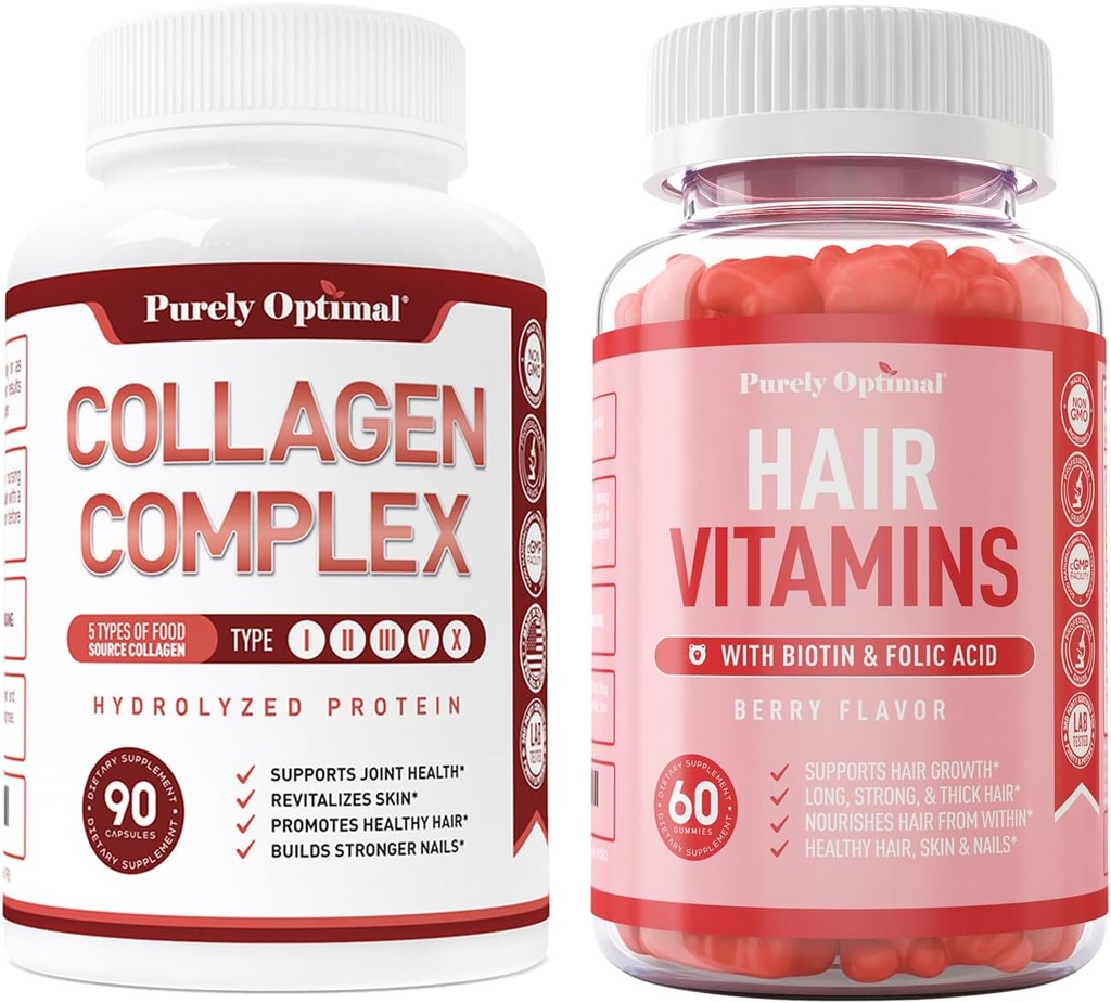 Cápsulas de Peptídeos de Multi-Colagénio Puramente Optimal Premium (Tipos I, II, III, V, X) + Vitaminas capilares Premium Suplemento-Gummy Vitaminas w/Biotina, Ácido Fólico, Vitaminas A&D
