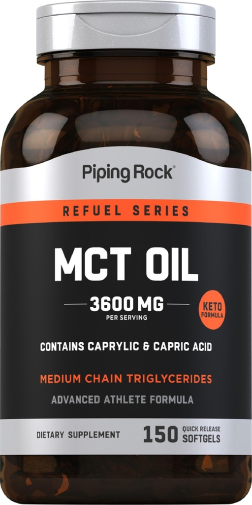 Piping Rock MCT Oil Softgel Cápsulas □ 3600mg □ 150 comprimidos □ Keto-Aprovado □ Não-GMO, Suplemento sem glúten