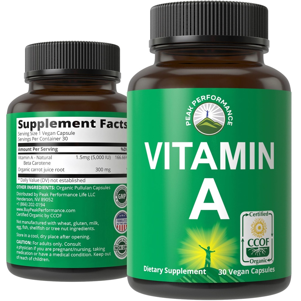 Vitamina Orgânica Certified A 5000 UI Suplemento Cápsulas Vitaminas de alta potência. para Adultos, Homens, Mulheres, Crianças. Feito com suco orgânico de cenoura. Ótimo para Imune, Pele, Eye Support. Não OGM, pílulas Vegan