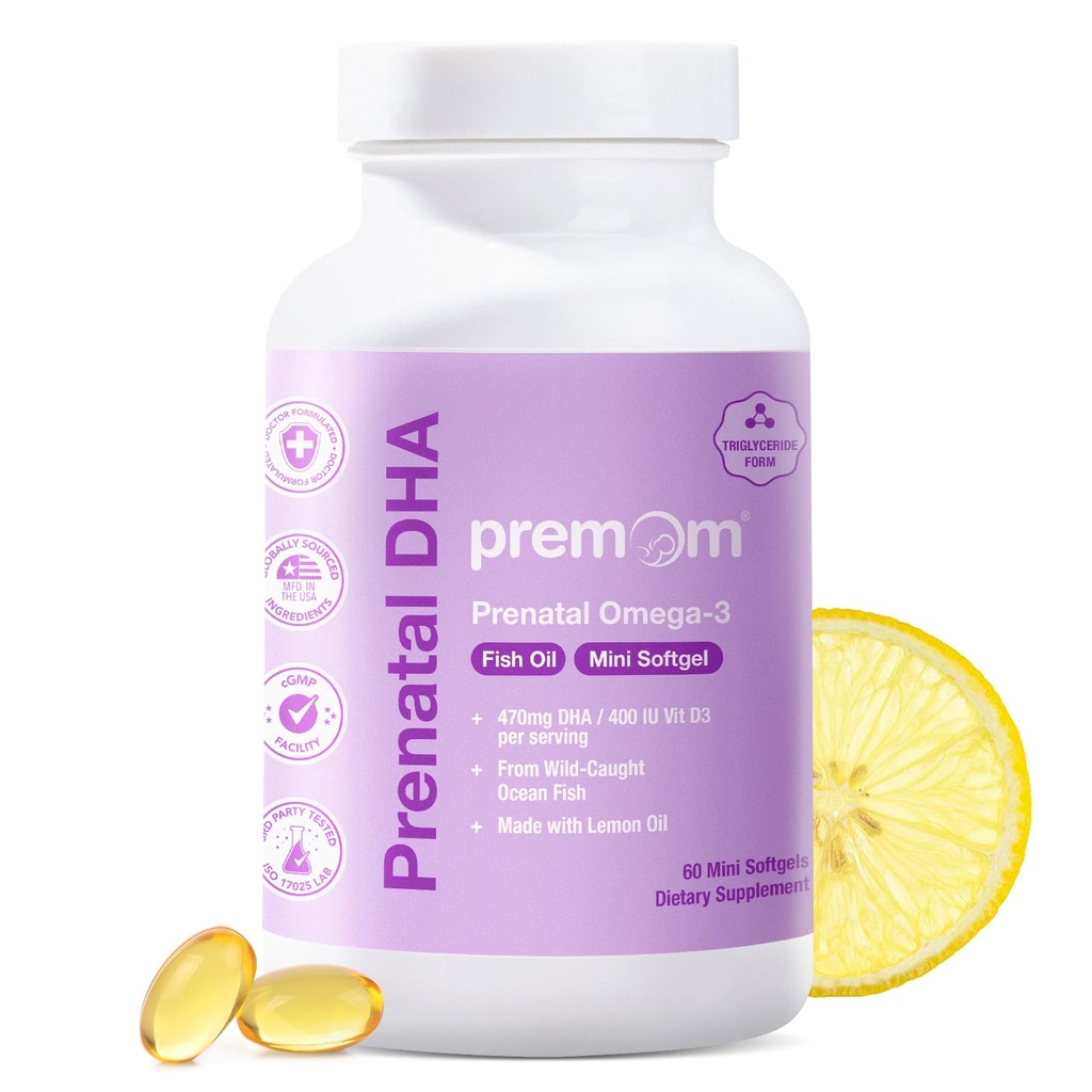 Pré-mom Pré-Natal DHA Fish Oil: Trigliceride Omega 3 com 470mg DHA, 200mg EPA + 400 UI VIT D3 Suplemento - Apoio à fertilidade para as mulheres - Fonte global de peixe selvagem capturado