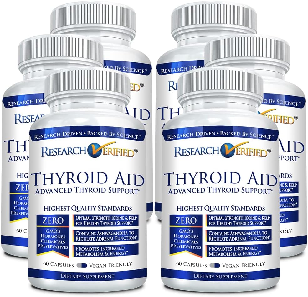 Pesquisa verified® Thyroid Aid - Função Optimal Thyroid com iodo, cobre e zinco - 260 mcg Selenium - 100% puro - Vegan Friendly - 60 cápsulas por garrafa - 6 garrafas