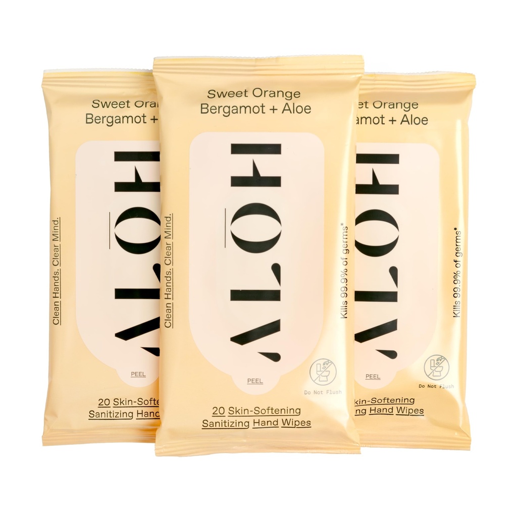 Aloh doce laranja Bergamot + Aloe higienizante mãos - mãos limpas, mente clara - no Go mão higienizante Wipes para crianças e adultos - tamanho de viagem 3 pacote de limpas 20ct (60 toalhetes)