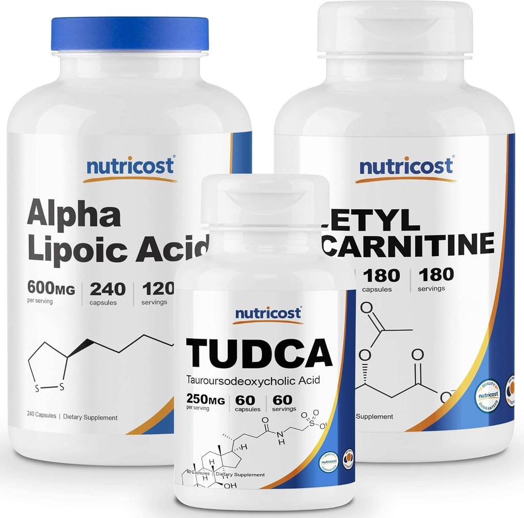 Ácido Alfa Lipóico de Nutricost 600mg, 240 Caps & Tudca 250mg, 60 Caps & Acetil L-Carnitina 500mg, 180 Caps