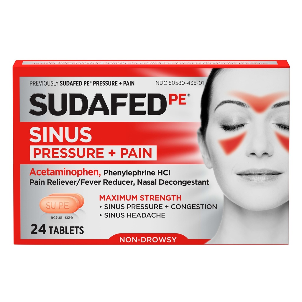 PE Sudafed Sinus Pressure + Pain Relief Tablets, Maximum Strength, Non-Drowsy, OTC Sinus Relief Medicine with Acetaminophen Pain Reliever & Phinelephrine HCl Nasal Descongestionant, 24 ct