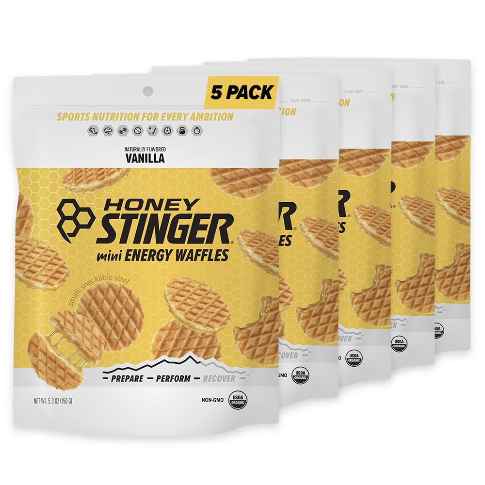 Honey Stinger Organic Mini Vanilla Waffles, Energy Stroopwafel para exercício, resistência e desempenho, Nutrição Desportiva para Casa e Ginásio, Pré e Pós-treino, 5 Bolsas, 26.5 Ounce