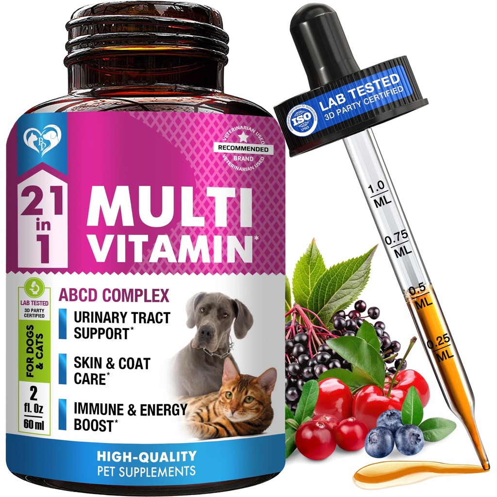 Gato & Cão Multivitamin Líquido com Glucosamina & Cranberry 15 em 1 Suplementos de Saúde para Trato Urinário Rim, Bexiga, Hip & Joint, Pele & Casaco