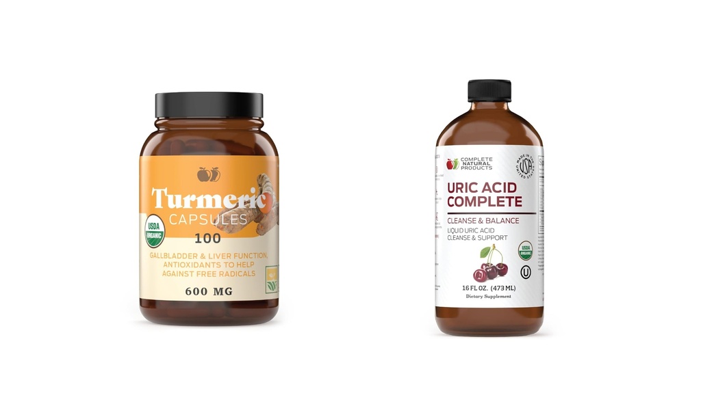 Complete Natural Products Turmeric 100 Cápsulas & Ácido Urico Complete 16 onças Bundle