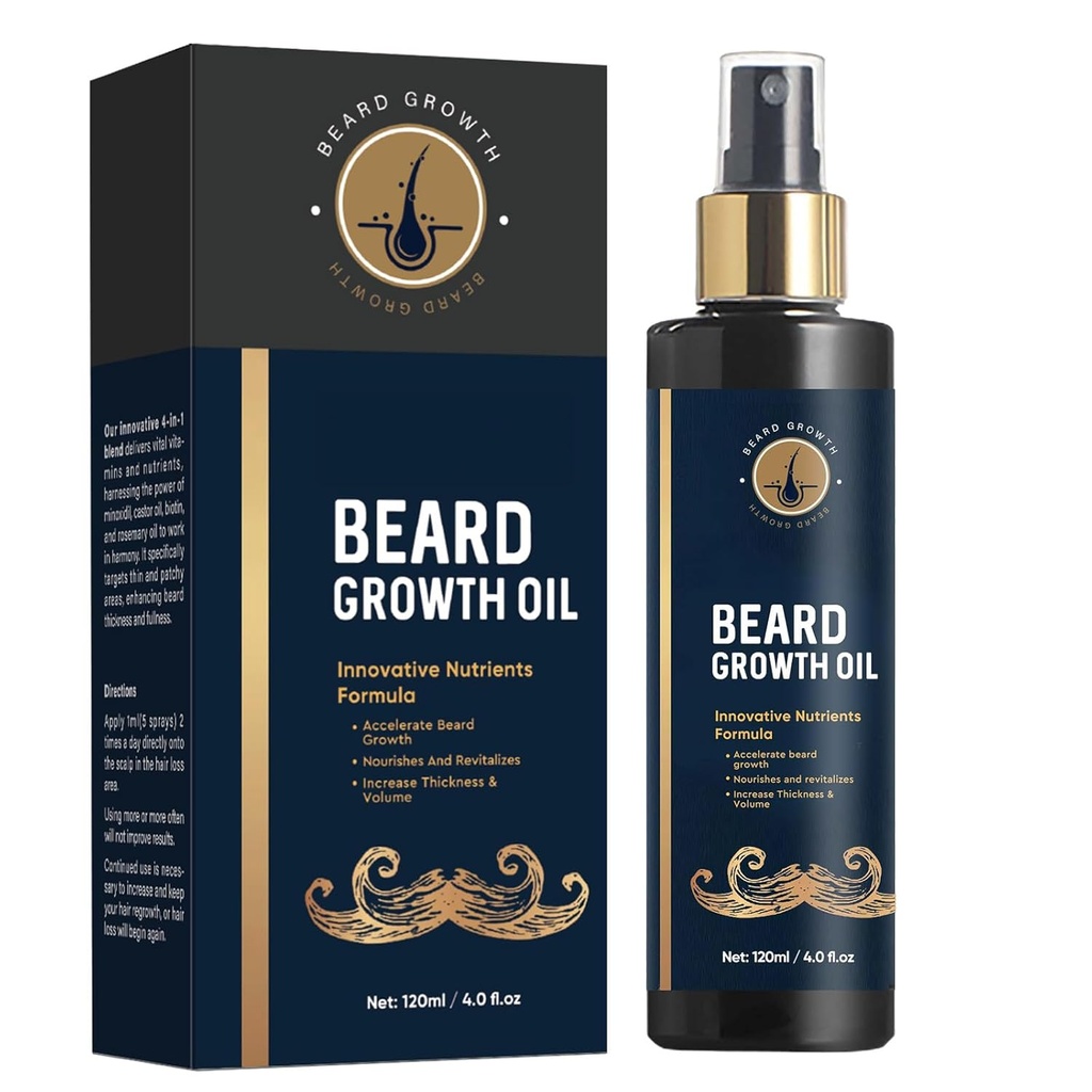 Óleo de barba para homens, 5% de óleo de crescimento de barba para barba mais grossa e mais completa, promover o crescimento do cabelo facial, com biotina, alecrim e óleo de barrete para homens crescimento, 4 Fl Oz