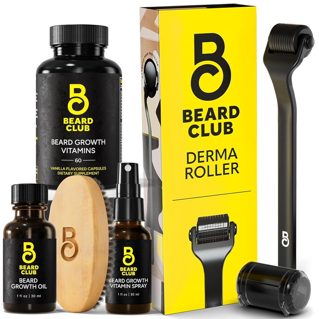 The Beard Club Derma Roller & Kit de Barba Essencial - Rolo de Barba, Óleo de Barba, Spray de Barba, Vitaminas de Barba