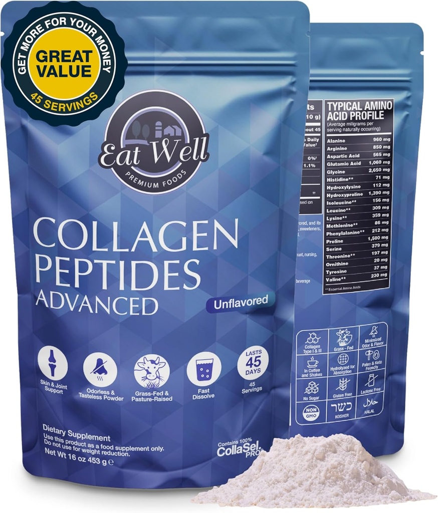 EAT WELL PREMIUM ALIMENTOS Colágeno Peptídeos Pó Proteína 45 Servos, 16 onças, Colágeno para a pele, osso e suporte conjunto, Tipo I & III Feed Grass Colágeno Suplementos para Mulheres e Homens, Keto, Aminoácidos