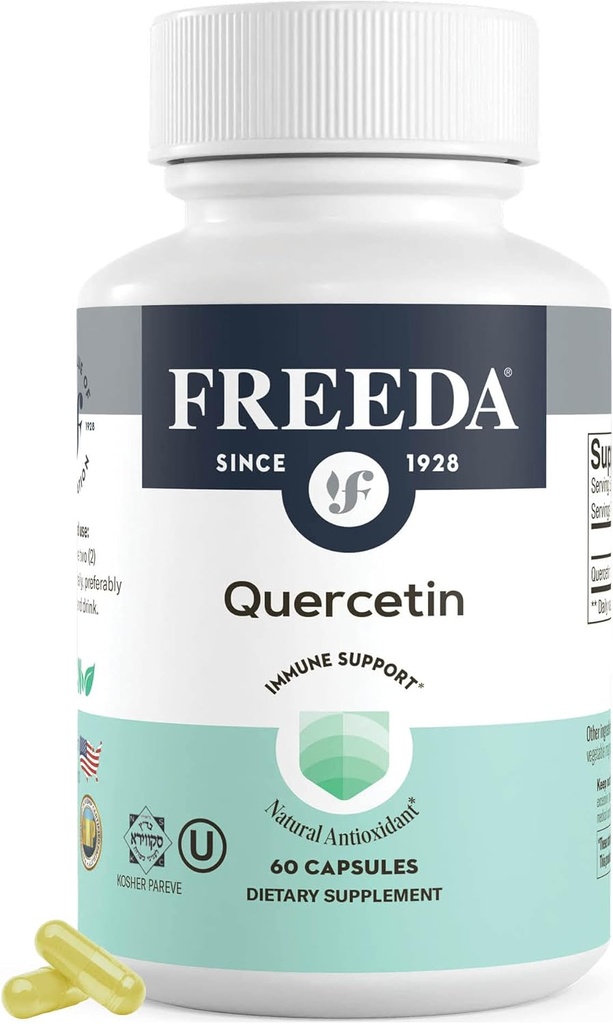 FREEDA Quercetin 500mg - Puro Suplemento Quercetin para Histamina e Imune Suporte, Saúde do coração e benefícios antioxidantes - Gluten Free, Vegan Suplemento de Saúde para Adultos Kosher Certificado (60 Cápsulas)