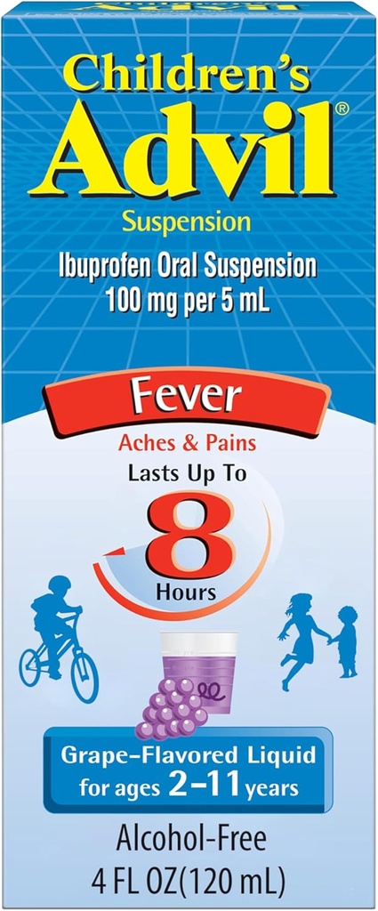 Reliever de dor Advil infantil e redutor de febre, Ibuprofeno remédio líquido de alívio da dor infantil, uva - 4 Fl Oz
