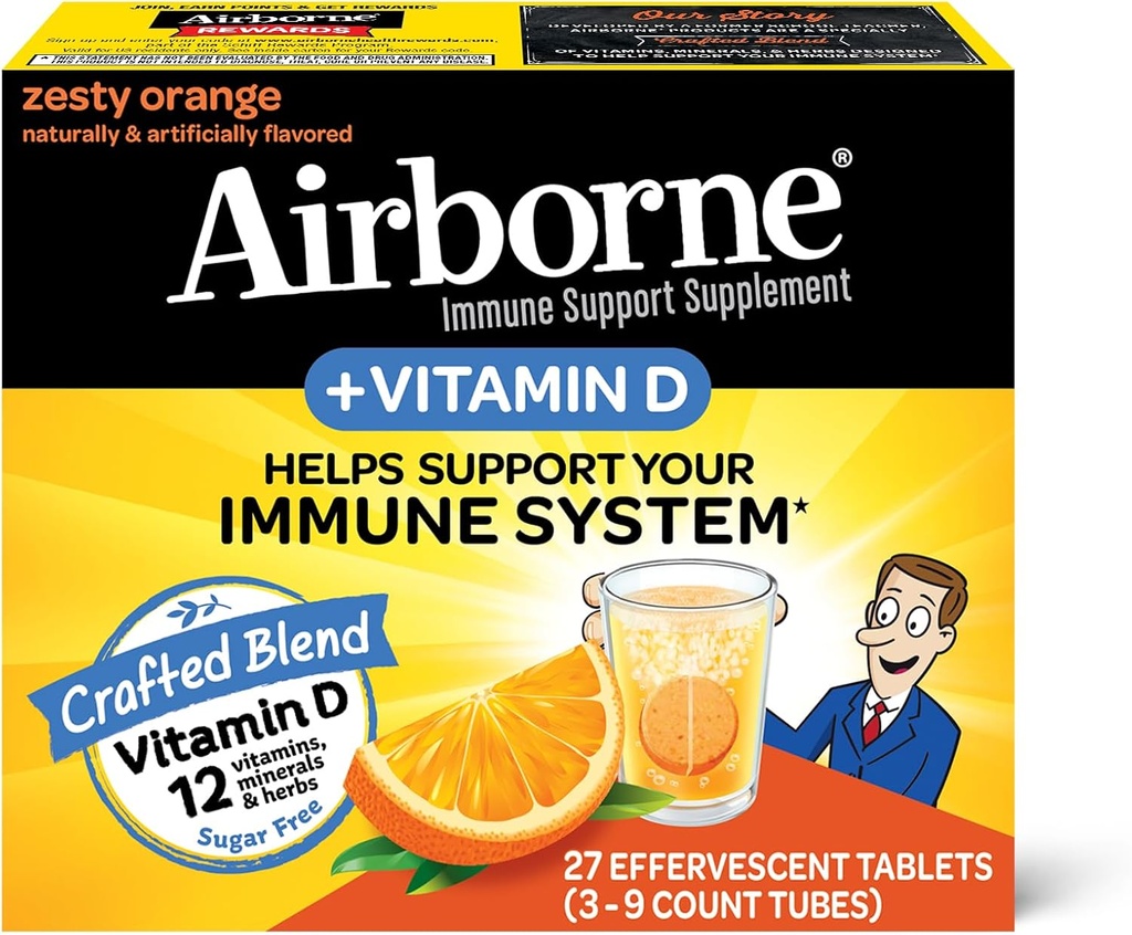 Airborne 750mg Vitamina C com Zinco Comprimidos Efervescentes, Suplemento de Suporte Imune com Poderosos Antioxidantes Vitaminas A C D3 & E - 27 Comprimidos de Bebida Fizzy, Sabor de Laranja Zesty