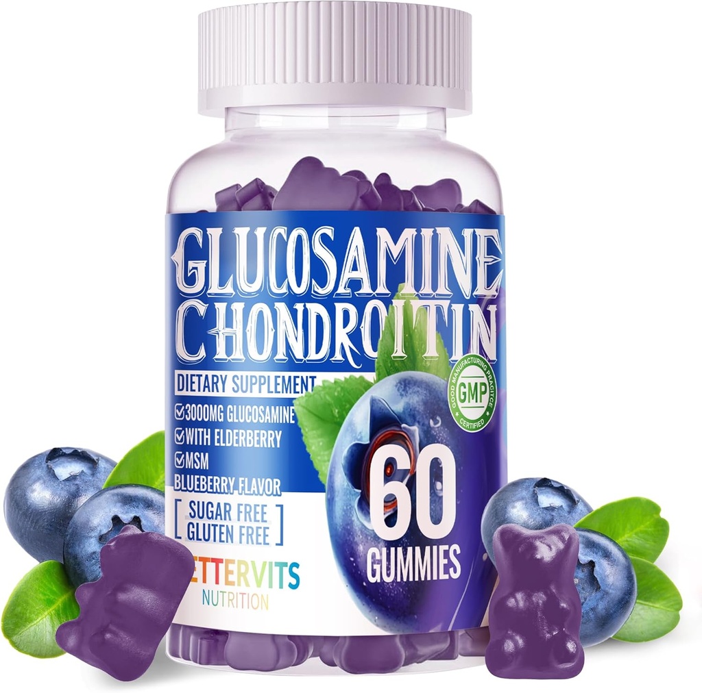 Glucosamina Condroitin Gummies com HSH & Elderberry Força Extra - Apoio Conjunto, Antioxidante Imune Suplemento de suporte para adultos, homens e mulheres.60 Blueberry Gummies