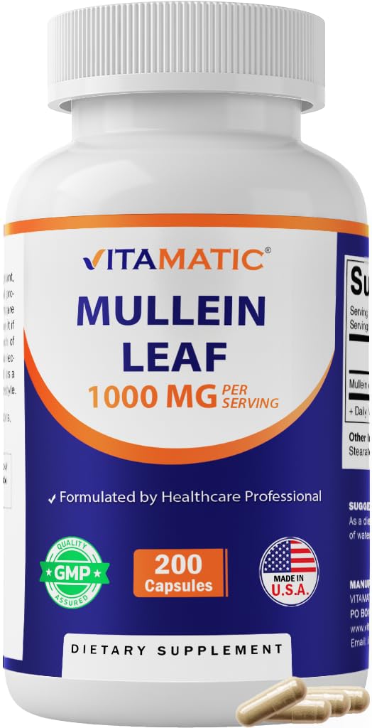 Vitamatic Mullein Folha 1000mg por Serviço - Suporta Função Respiratória Saudável, Bronquial e Imune - 200 Cápsulas