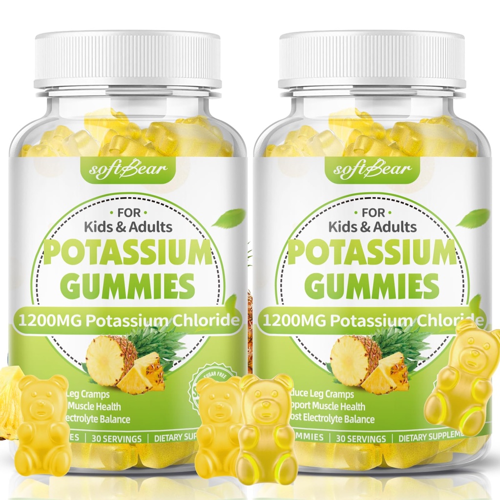 Pastilhas de Cloreto de Potássio 1200mg, Pastilhas de Potássio sem Açúcar para Adultos Suporte Cães de Perna Alta Potência Suplemento de Cloreto de Potássio, Contagem de sabor de abacaxi 120
