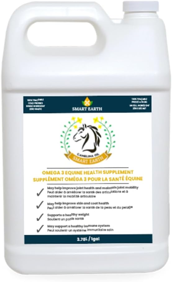 Óleo 100% puro de camelina para cavalos – Omega 3 & Suplemento rico de vitamina E para casaco, cascos, artrite, articulações, ganho de peso & úlceras – Falso óleo de linhaça Made in Canada by Smart Earth, 1gal.