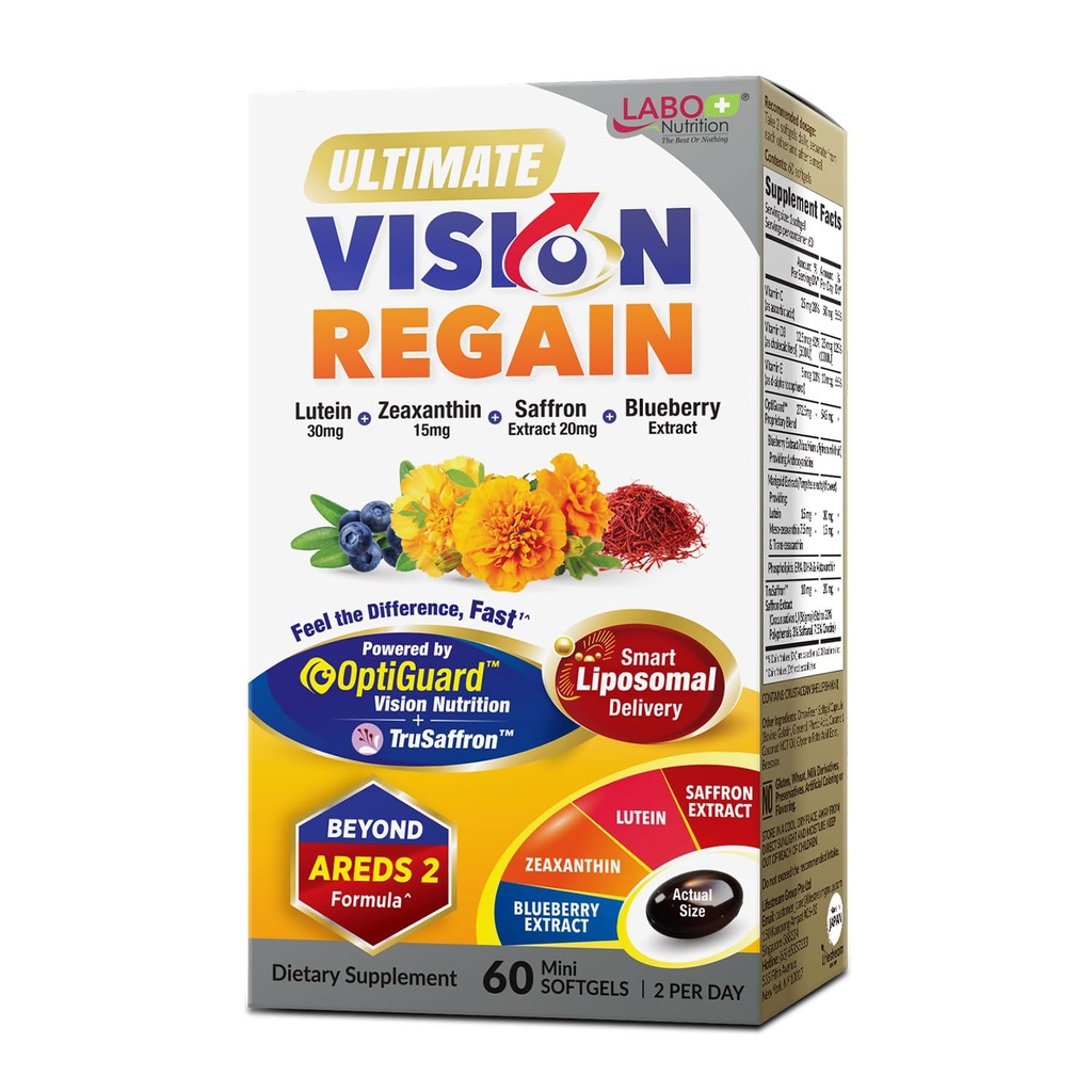 LABO Nutrition Ultimate VisionREGAIN, Eye Vitamina Beyond AREDS 2 Fórmula com Lutein, Zeaxanthin, Extrato de Açafrão, Mirtilo para Macular e Saúde da Retina, Fadiga dos Olhos, Apoio à Visão Noturna 60 Condes