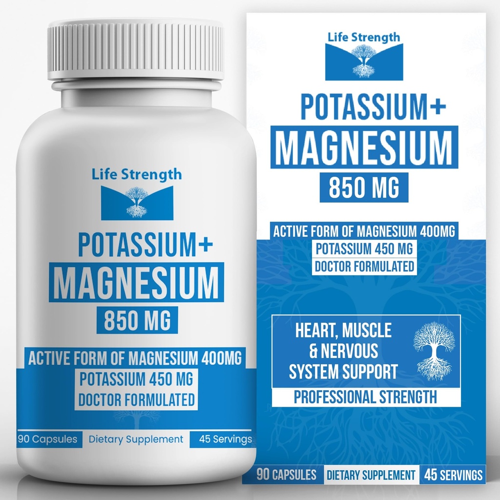 Resistência à vida Magnésio Potássio Complex Supplement - 90 Cápsulas - Suporte de Magnésio de Alta Absorção Vascular Saúde e Crampo de Perna