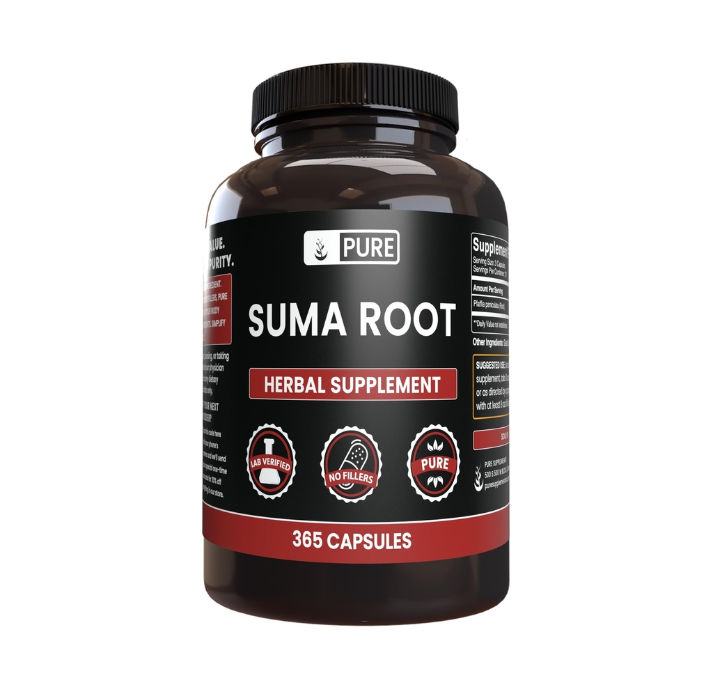 INGREDIENTES ORIGINAIS PUROS Suma Root (365 Cápsula), Sem enchimento de magnésio ou arroz, sempre puro, verificado no laboratório
