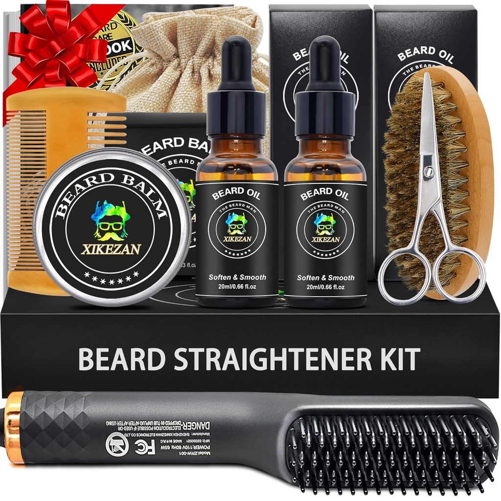 XIKEZAN Kit de barba para homens Grooming & Straightening Set,w/Beard Straightener, 2 Pack Oil, Balm, Comb, Tesoura, Escova, Presentes de aniversário dos namorados para ele pai namorado homens Natal meia Stuffers