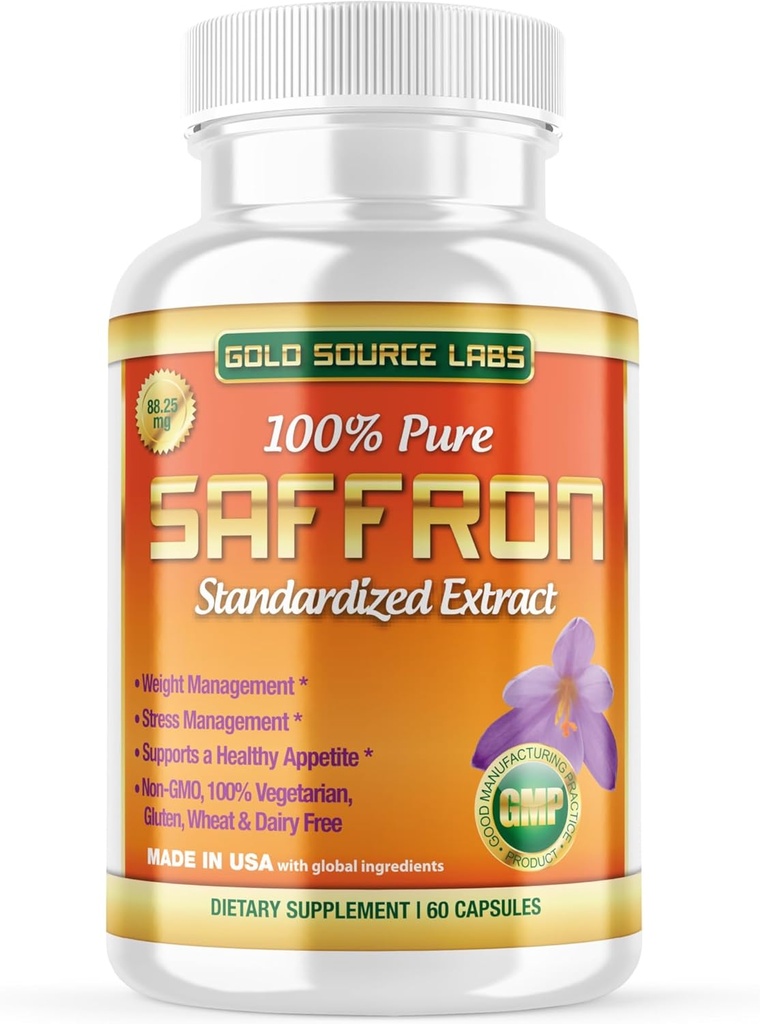 Suplemento de Extrato de Açafrão - 88,25 mg Cápsulas com Extrato de Safranal padrão ,3% Plus Puro Pó de Açafrão, 60 Pílulas Vegetarianas de Força Máxima - Apetite Premium e Suplemento Olho