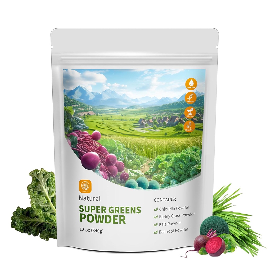 Hudetex Greens Powder Superfood para apoio imune com 12 onças, Greens Powder Smoothie Mix com chlorela, grama de cevada, couve e beterraba Smoothie Booster, Chlorophyll fornecendo verdes.