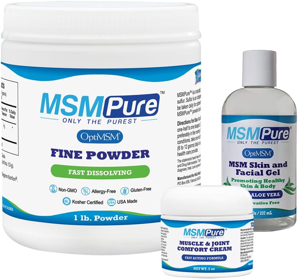 KALA SAÚDE MSMPure Starter Bundle com HSH Fine Powder 1lb, MSM Muscle & Joint Cream 2 oz e HSH Gel com Aloe 8 oz orgânico