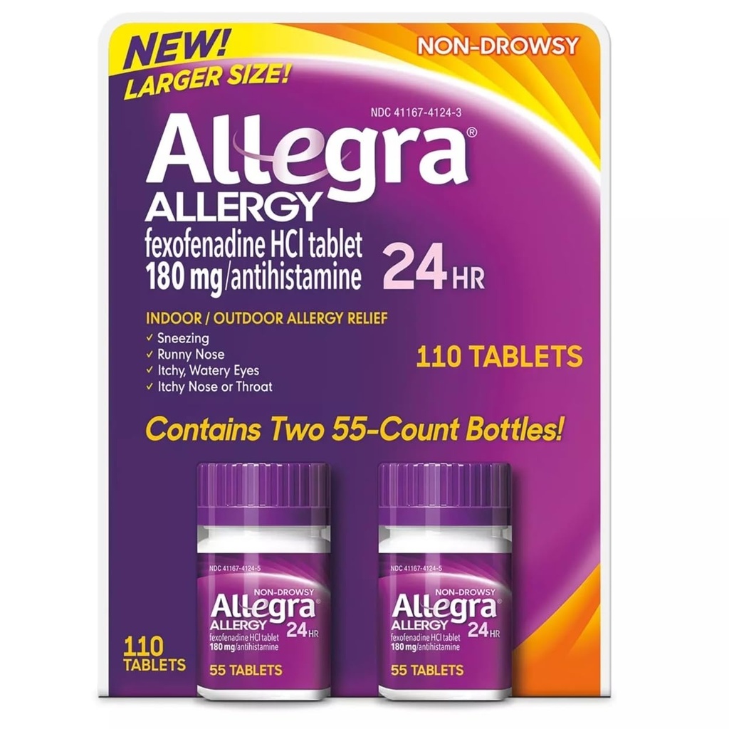Allegra 24 horas internas e ao ar livre Alergia alívio 180mg 55 Comprimidos, Pacote de 2 (110 CT.)