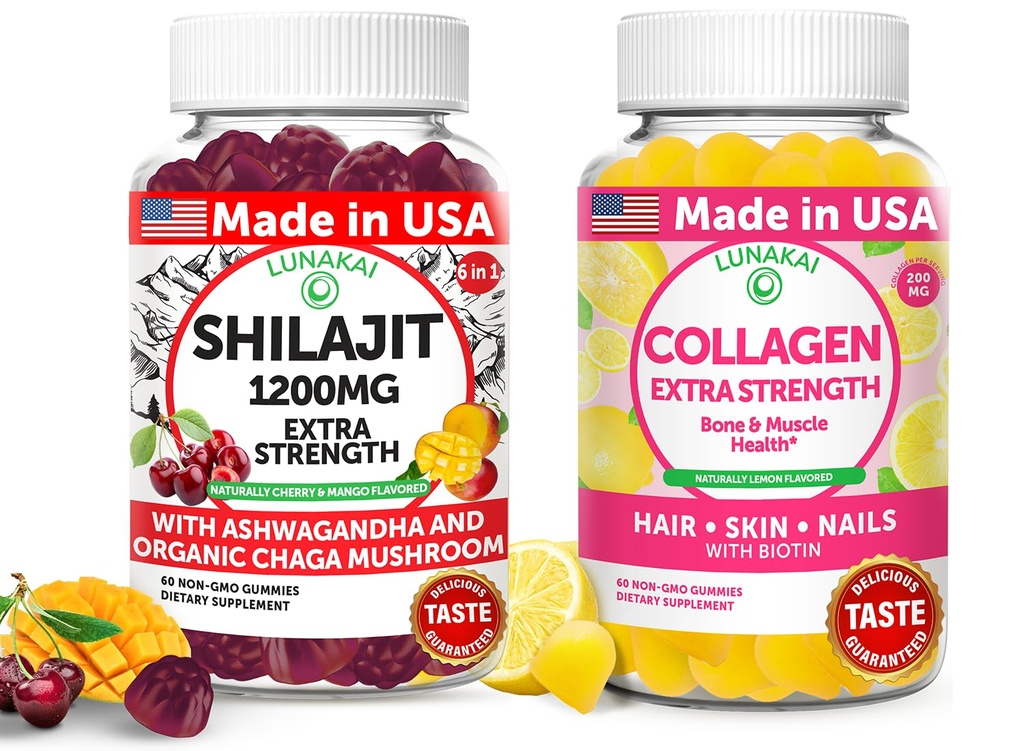 Lunakai USA Made Shilajit & Collagen extra pastilhas de força Bundle – Energia, cabelo, pele e suporte de unhas – Delicious & Non-GMO