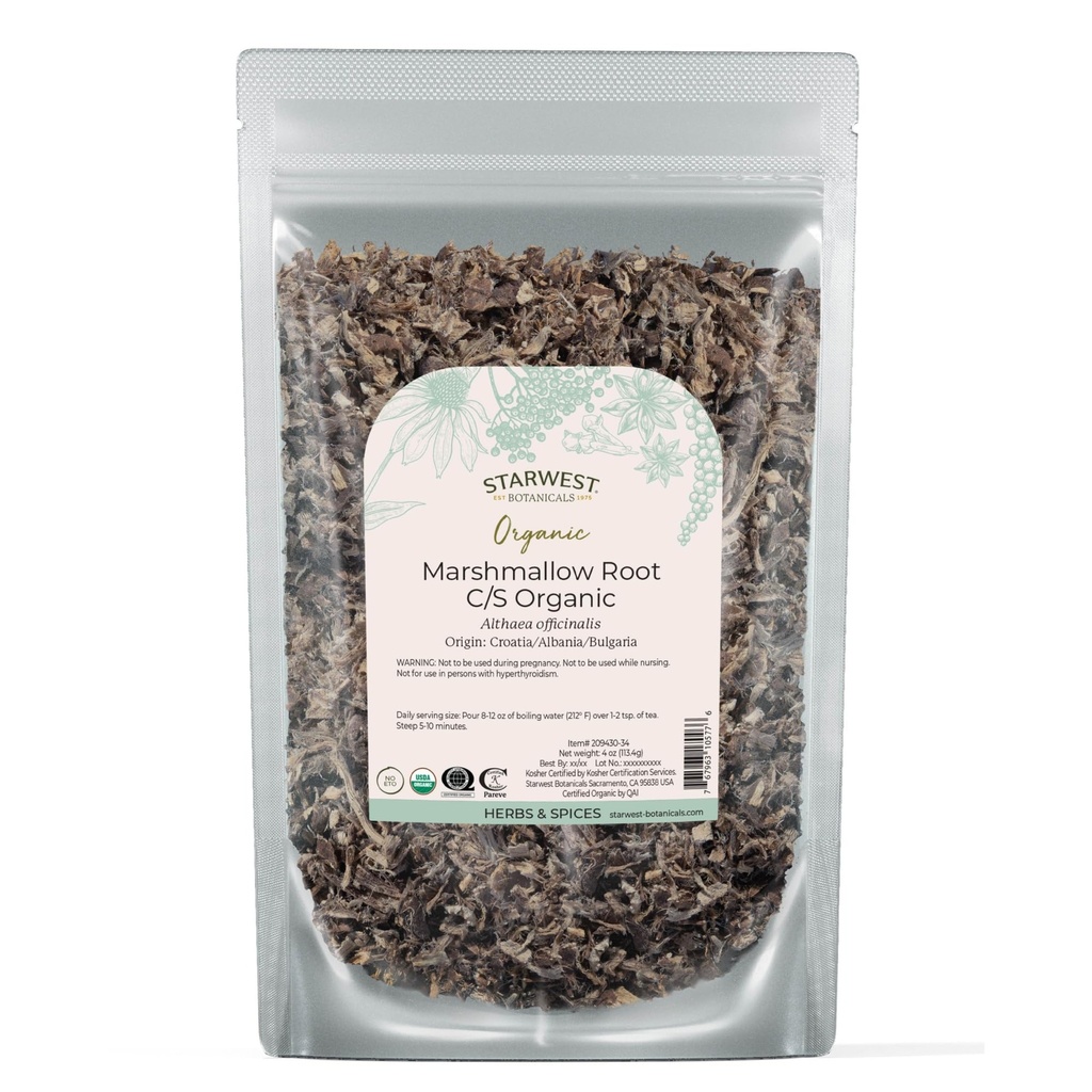 Starwest Botanicals Organic Marshmallow Root - Erva seca para chá, folhas soltas Root Herb, corte & peneirado, certificado Kosher, Não-GMO - 4 oz Pouch