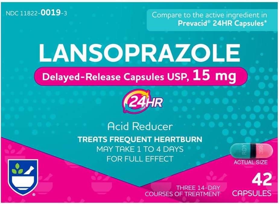 Rite Aid Lansoprazol 15mg - 42 Cápsulas, Redutor de Ácido Atrasado Cápsulas de Libertação USP, Alivio de Azia e Reflux Ácido, Até 24 Horas de Alívio