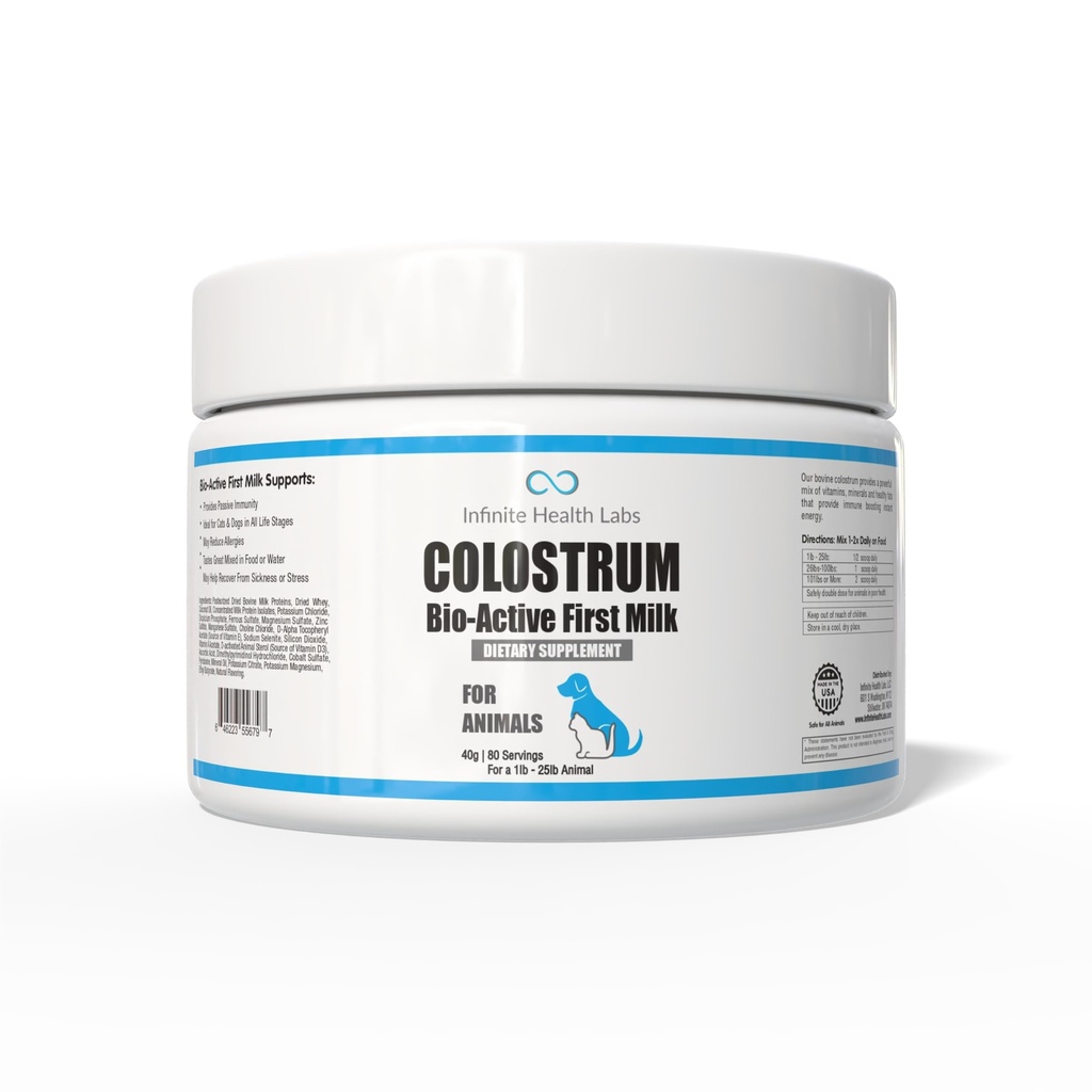 Colostro bovino bio-ativo para cães, gatos, filhotes, gatinhos e animais de estimação - Colostro diário em pó suplemento 40g (80 Servões)