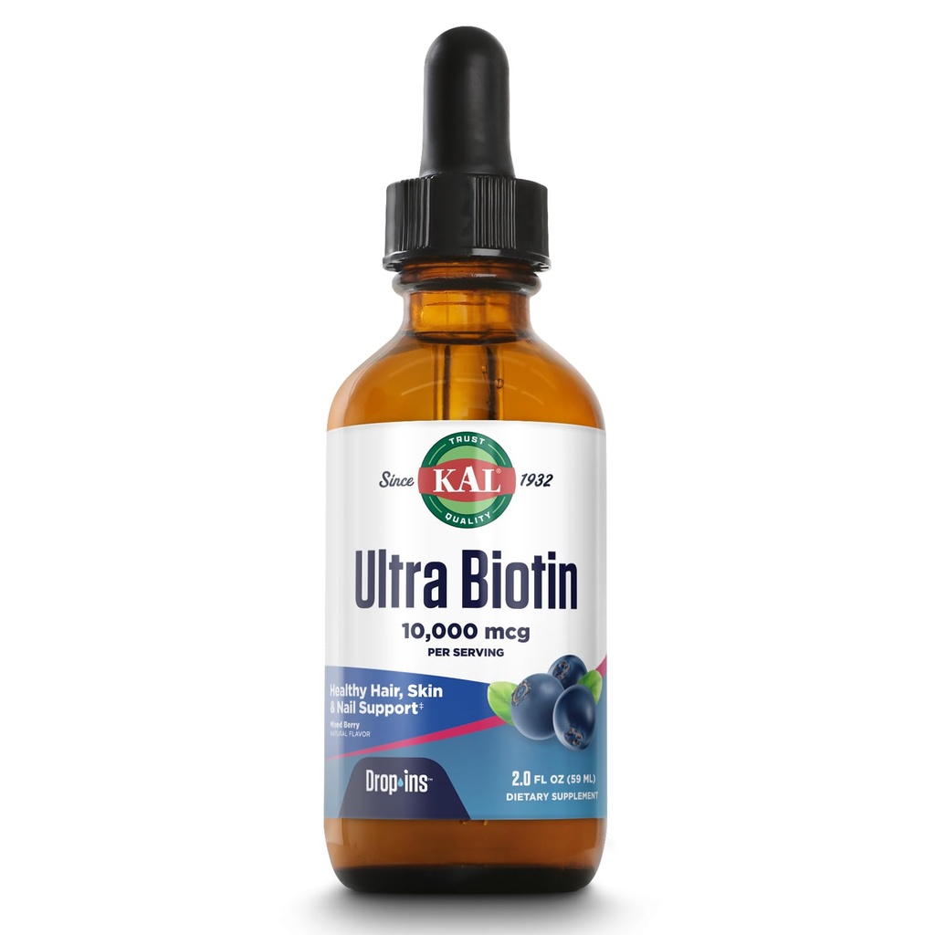 KAL Ultra Biotin 10000mcg DropIns, Liquid Biotin Drops, Suplemento de crescimento do cabelo, Vitamina B7 de alta potência, Cabelo saudável, Pele, unhas e suporte energético, Natural misturado sabor Berry, Aprox. 59 Serv, 2 onças