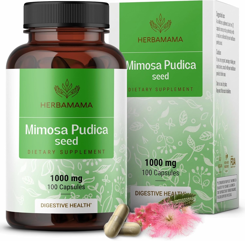 HERBAMAMA Mimosa Pudica Seed Cápsulas - 1000mg Mimosa Pudica Extract Powder for Digestive Cleanse & Detox - Vegan, Suplemento de Suporte Digestivo Não-GMO, 100 Caps