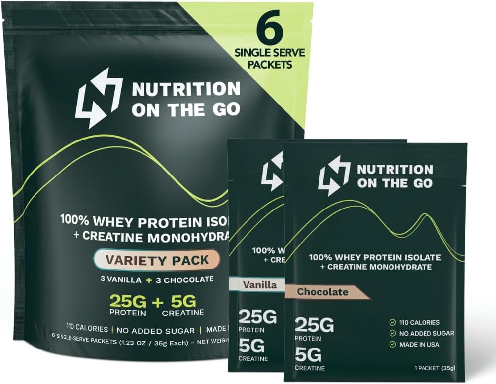 Nutrição na Go Whey Protein Isolate Packets with Creatine – 25g Protein + 5g Creatine – Single-Serve Travel Protein Powder - Variety Pack (Vanilla & Chocolate) (6-Pack)