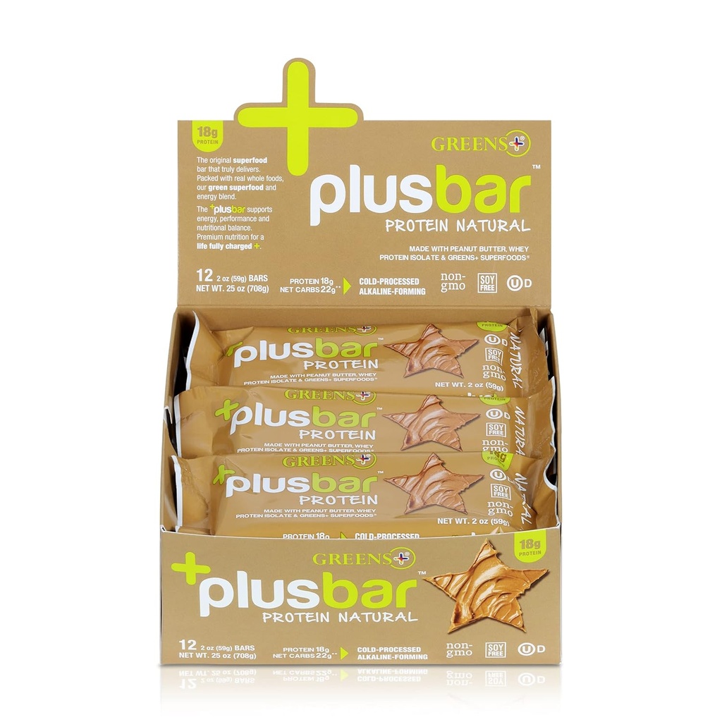 Greens+ Plusbar Protein Natural - Gluten Free Whey Protein Bar - Verdes Orgânicos - Não OGM - 12 Bares