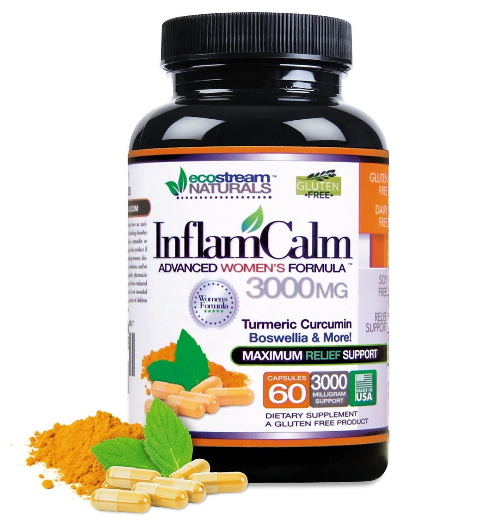Fórmula 3000 feminina InflamCalm Avançado com Açafrão, Curcumina, Enzimas e Boswellia. Vegetariano, sem glúten - (Pacote de Maio Vary)
