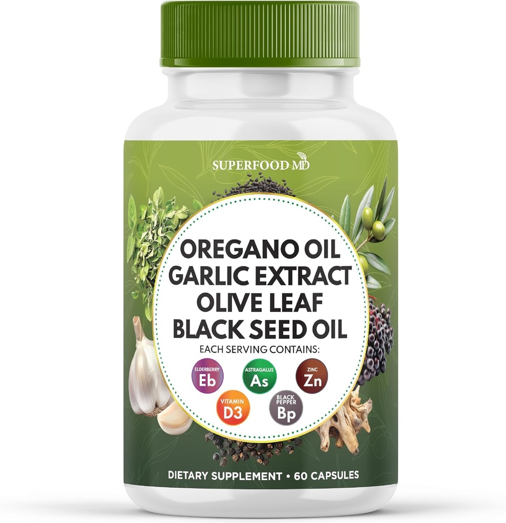 Superalimento MD Orégano Oil Alho Extrair Olive Leaf Black Seed Oil Astragalus- para Mulheres e Homens- 60 Conde