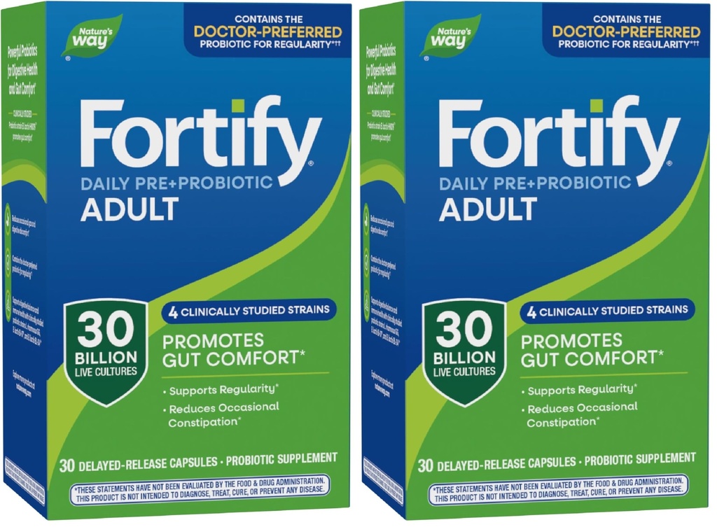 Nature's Way Fortify Daily Pré+Probiótico Adulto 30 bilhões, Probióticos para apoio imunológico e digestivo à saúde*, 30 bilhões de culturas ao vivo, 30 cápsulas (Pacote de 2)