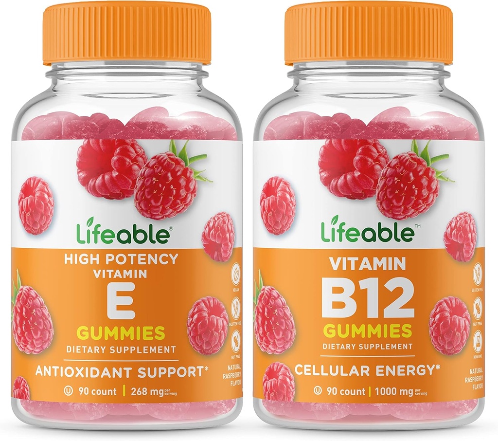 Vitamina E viva + Vitamina B12, Gummies Bundle - Grande degustação, Suplemento Vitamina, Sem glúten, GMO livre, chiclete mastigável