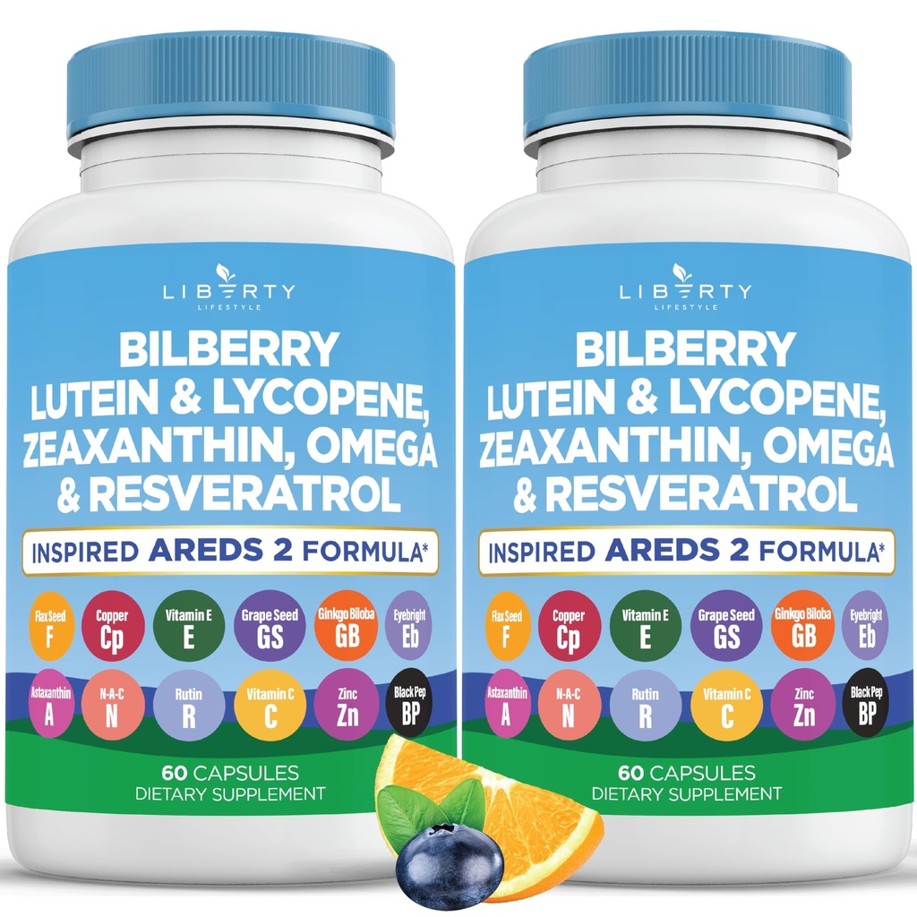 Vitaminas para a saúde dos olhos com Bilberry, Lutein & Zeaxanthin, Lycopeno, Resveratrol, Extrato de sementes de uva, Sementes de linho Astaxantina- AREDS 2-120 Cápsulas