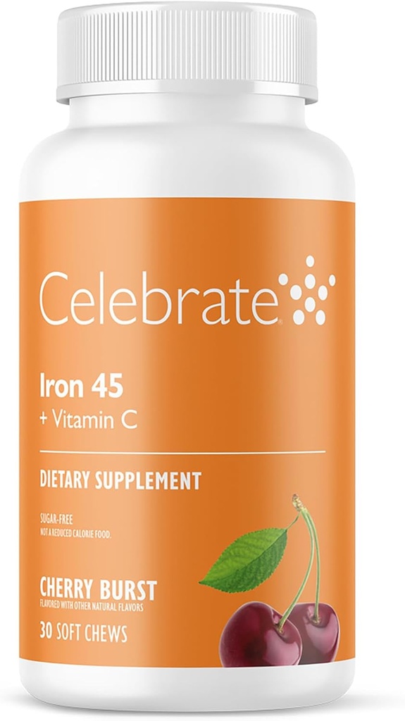 Celebrar Vitaminas Suplemento de Ferro com Vitamina C - 45mg Ferro, 60mg Vitamina C, Vitaminas Bariátricas para Pacientes WLS, Mangueira Vertical & Cirurgia Bypass gástrica - Cereja, 30 mastigação macia