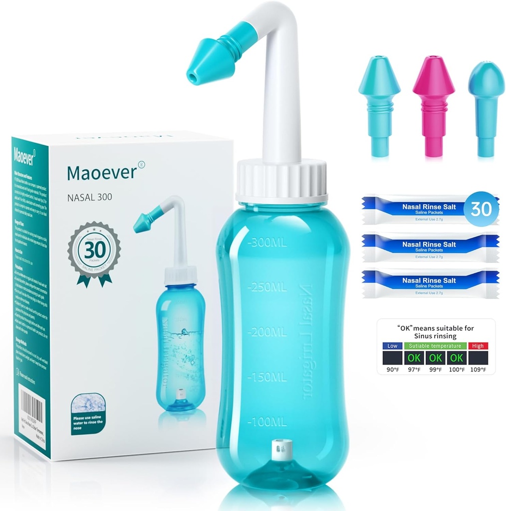 Neti Pot Sinse Garrafa de lavagem limpador de nariz Pressão Enxague Irrigação nasal para Adulto e Kid BPA Grátis 300 ML com 30 pacotes de sal de lavagem nasal e termômetro adesivo