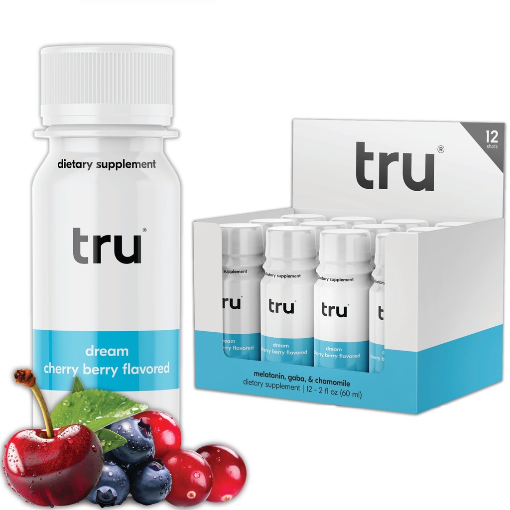 Tru Dream Shot, Suplemento de sono de força extra com melatonina, GABA, Camomila & Magnésio, Bebida de bem-estar sabor cereja, Glúten grátis, Vegan, Cafeína & Açúcar Grátis, 2 garrafas OZ FL, 12 Pack