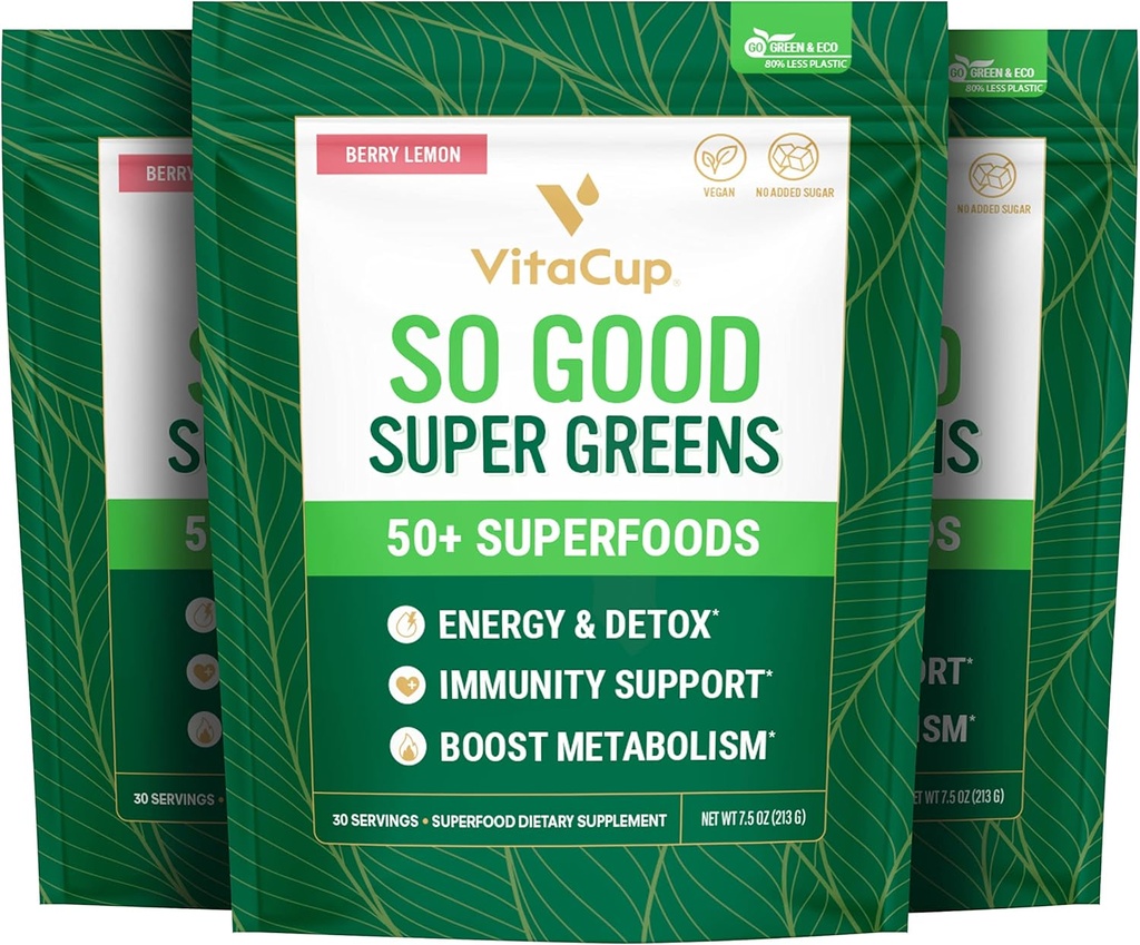 VitaCup Super Greens Smoothie & Juice Mix w/ 50+ Superalimentos Premium, Saúde Digestiva, Alívio Bloating, Detox, Gut Health w/Probióticos, Antioxidantes, Berry Lemon, 30 Servings Cada, 3 Bags