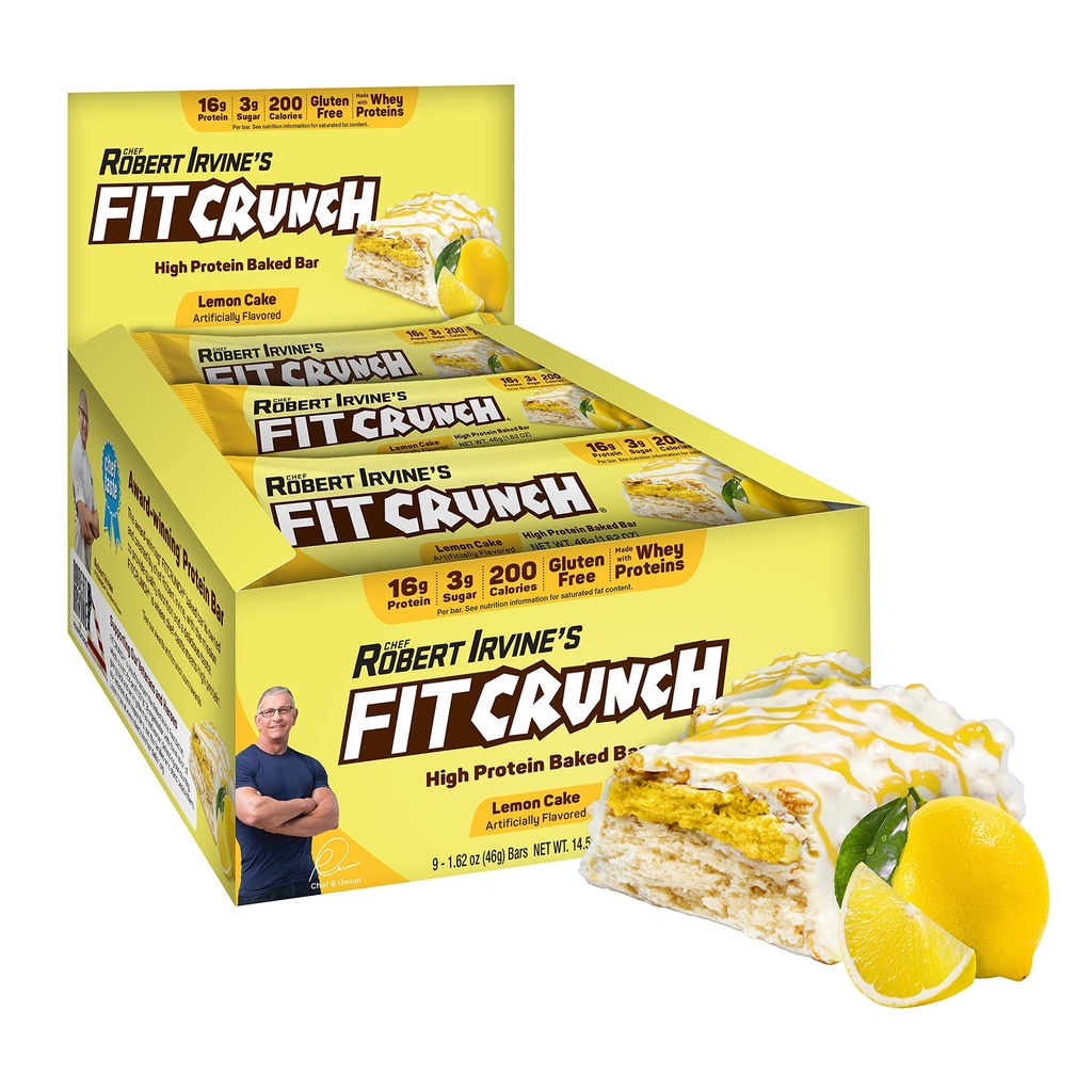 FITCRUNCH Snack Tamanho Protein Bares, 6-Layer Baked Bar, 3g de Açúcar & Macio Núcleo de bolo (9 barras, bolo de limão)