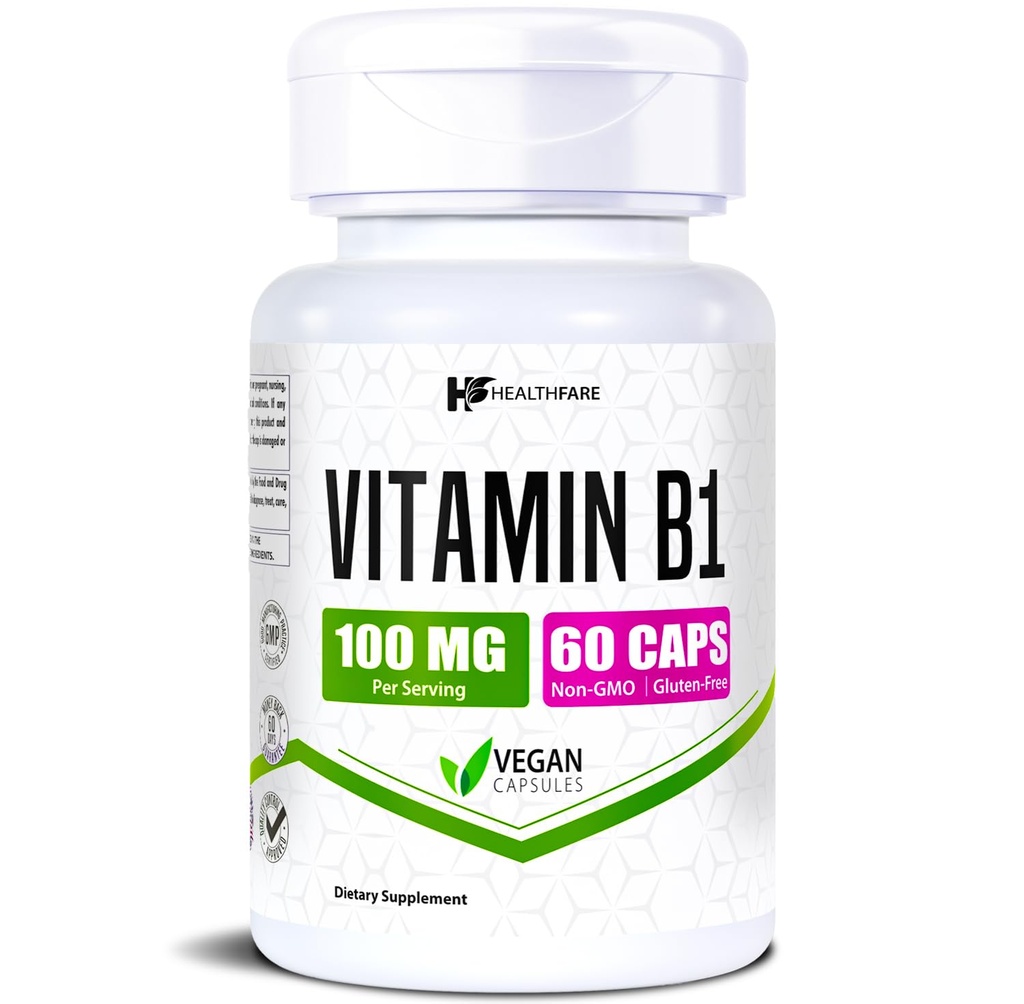 Healthfare Vitamina B1 100mg .60 Cápsulas .Suplemento de tiamina.