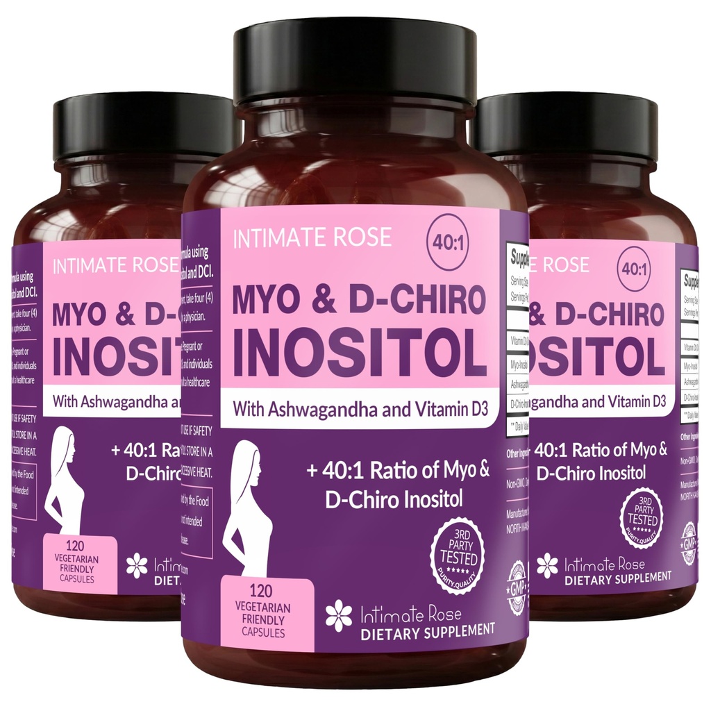 Intimate Rose Myo-Inositol & D-Chiro Inositol Mistura - 40:1 Relação Mistura - Apoio ao Bem-Estar Diário das Mulheres - Vitamina D & Ashwagandha, 3 Garrafas