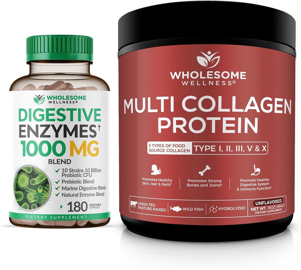 Enzimas Digestivas de Bem-Estar Saudável 1000MG Plus Suplemento de Prebióticos e Probióticos + Pó de Proteína Multi Colágeno Hidrolisado (Tipo I II III V X)